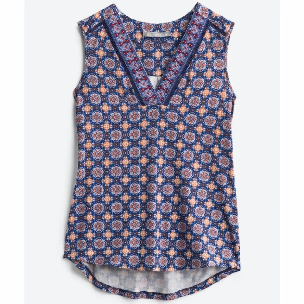 Daniel Rain Finli V-Neck Printed Knit Top Medium Multicolor Blue